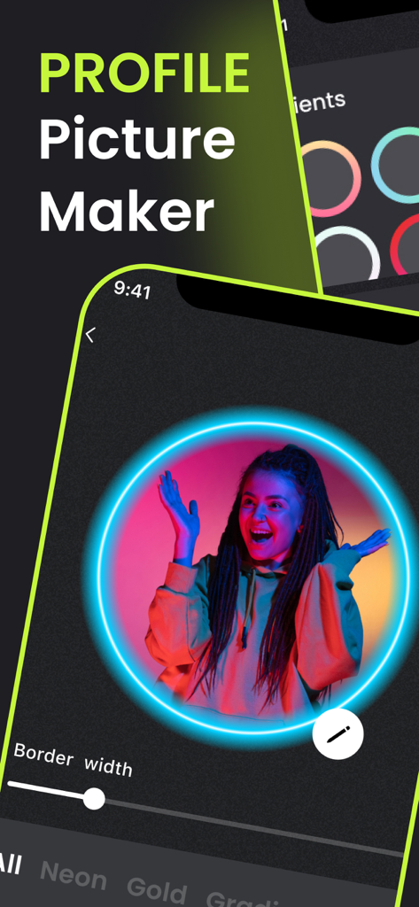 Interface de l'application Créateur de photo de profil montrant un effet de bordure circulaire néon sur une photo de portrait
