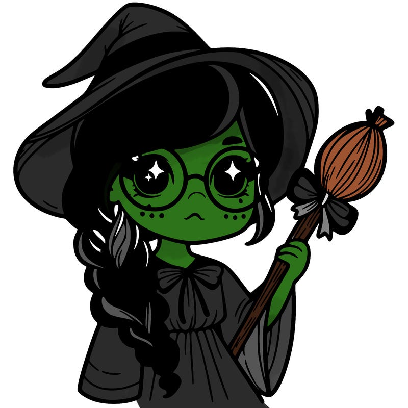 a witch with a braid and two glasses