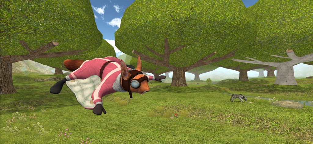 Squirrel Simulator 2 : Online - Um esquilo usando um traje de piloto rosa e óculos voando por um ambiente de floresta 3D.
