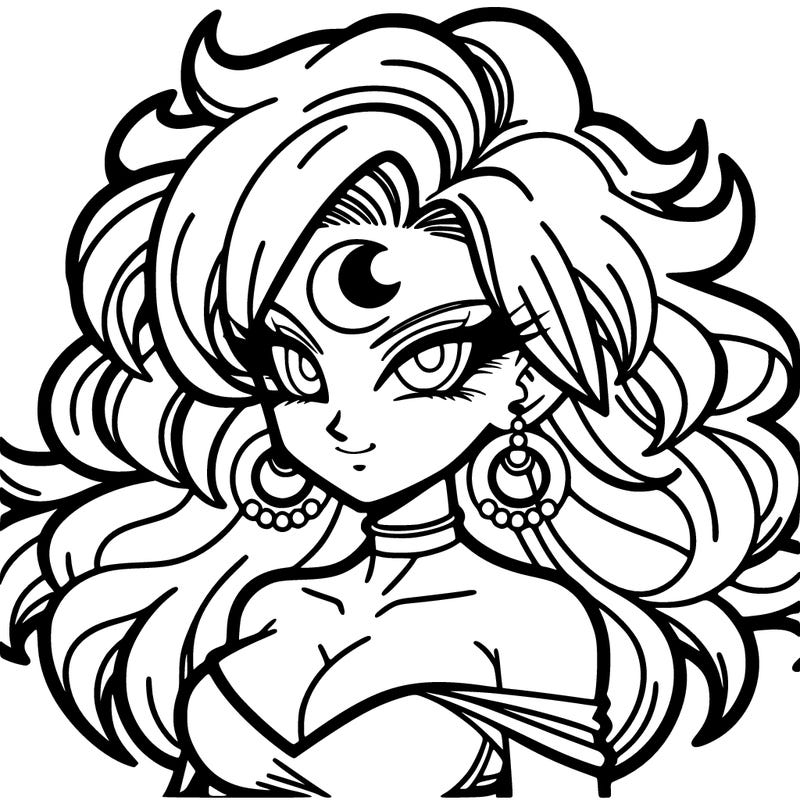 dbz anime, beautiful goddess of night with crescent moon tattoo on forehead