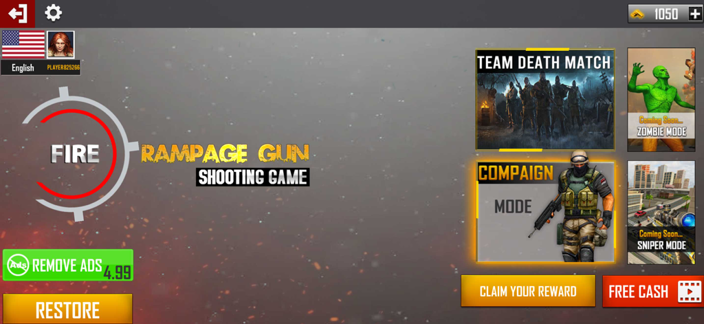 Critical FPS Strike CS Fire - Main menu of Critical FPS Strike showing various game modes including Campaign and Team Death Match.