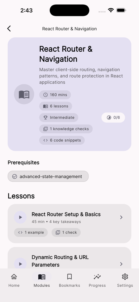Bildschirm für das React Router und Navigation Modul mit Lektionsliste und Kursdauer