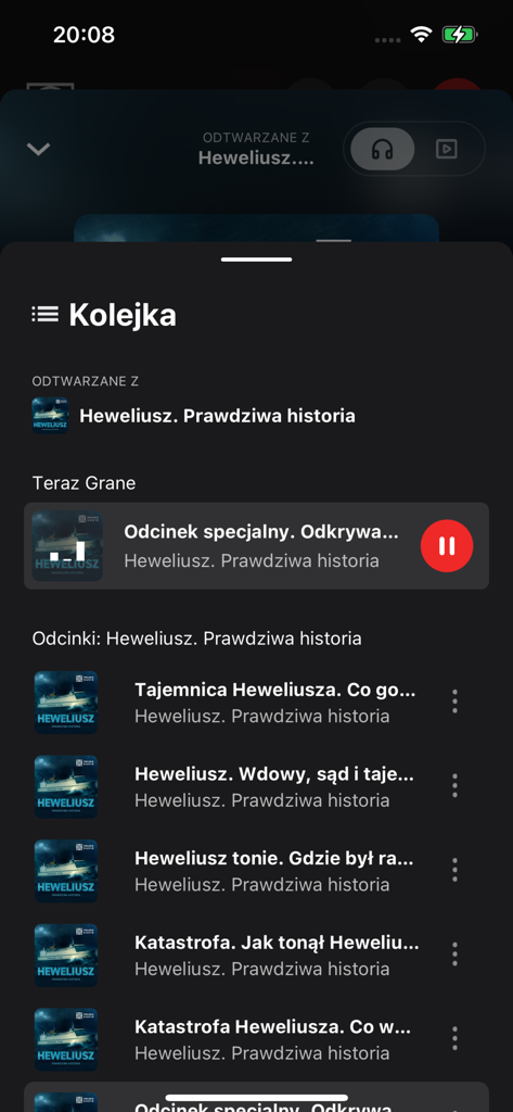 Aplicación Polskie Radio mostrando una cola de episodios de podcast para una serie titulada Heweliusz