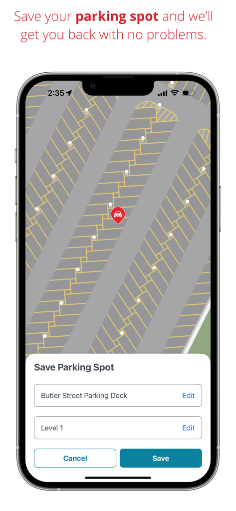 Grady GO app showing the save parking spot feature with a map of the hospital parking deck