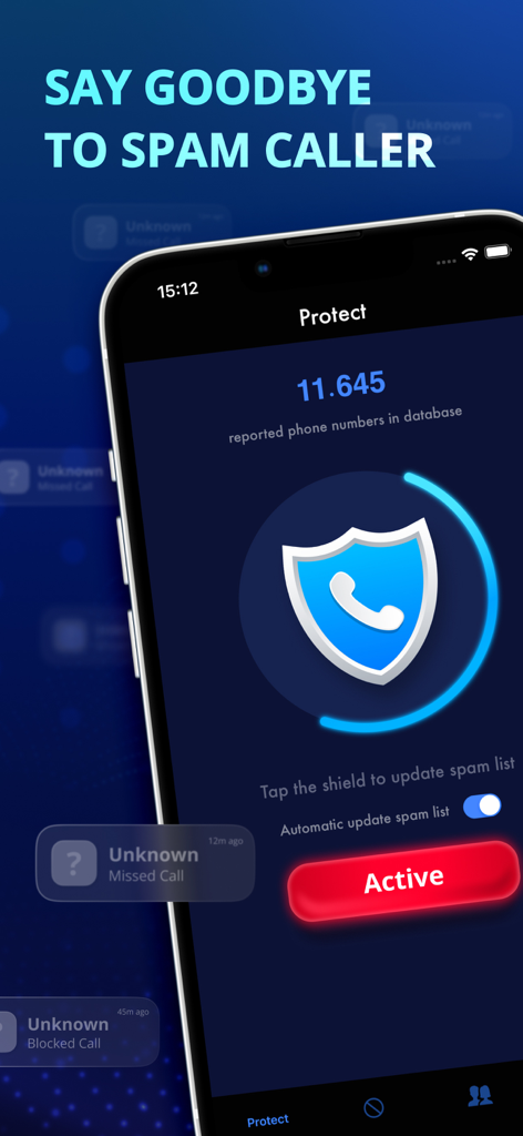 Call ID - Call Blocker - iPhone-Bildschirm zeigt die Benutzeroberfläche der Call ID-App mit einem blauen Schildsymbol und aktiviertem Spam-Anruferschutz