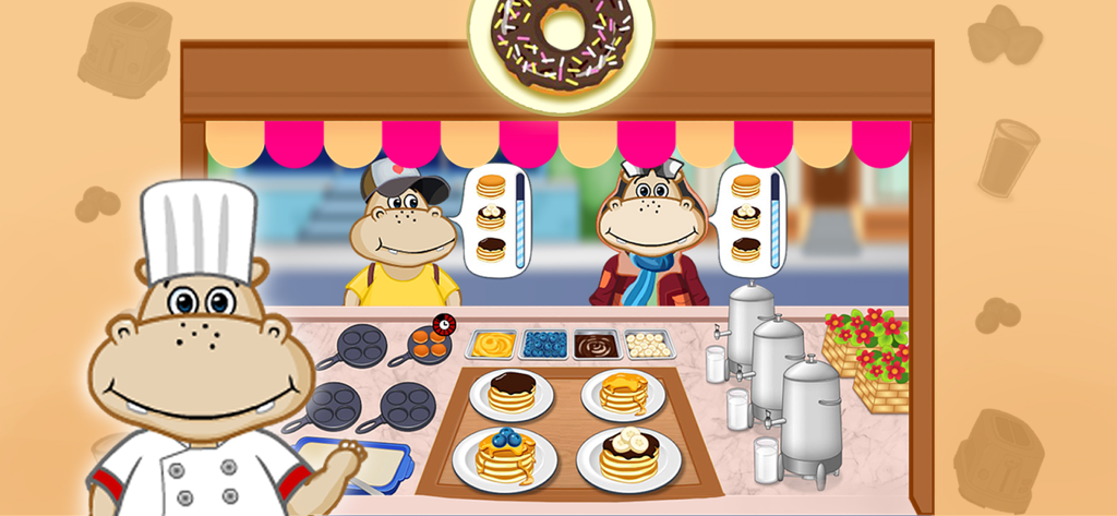 Joyland - Toddler ABC Games - Um chef hipopótamo de desenho animado servindo panquecas para clientes em uma loja colorida de donuts e panquecas para crianças pequenas.