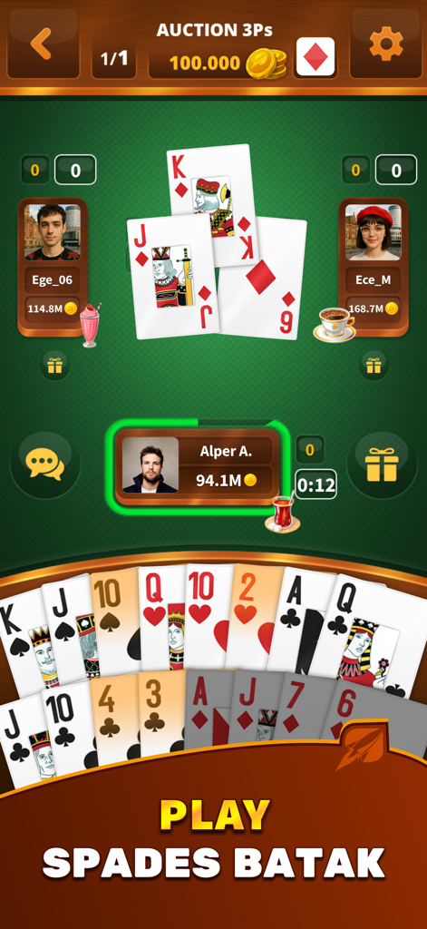 Online Batak and Spades multiplayer card game interface showing a match in progress with three players