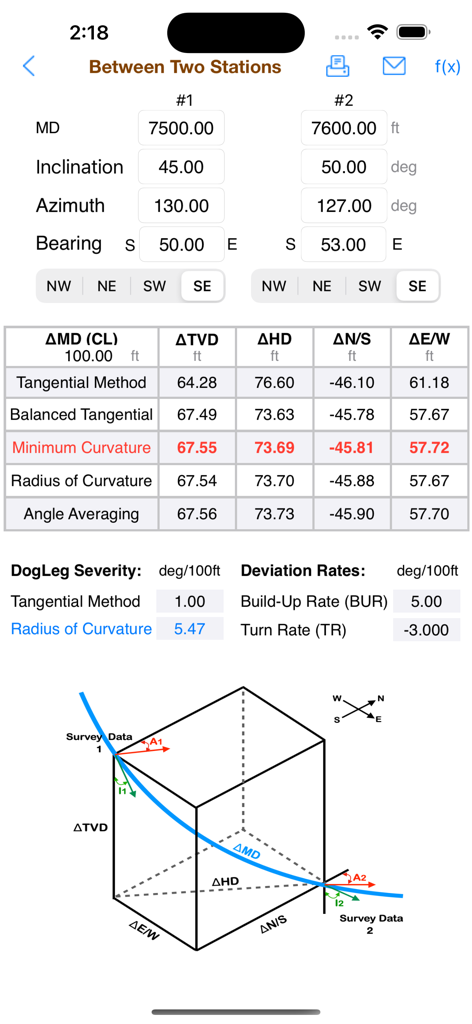 Directional Drilling - Directional Drilling app showing survey data calculations between two points and a 3D wellbore diagram