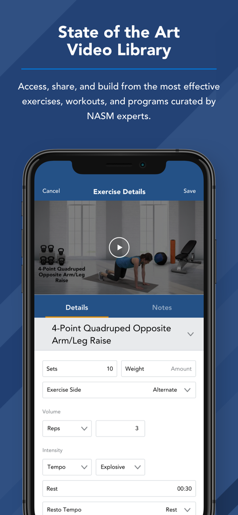 Mobile screen showing NASM EDGE exercise video library and specific workout details