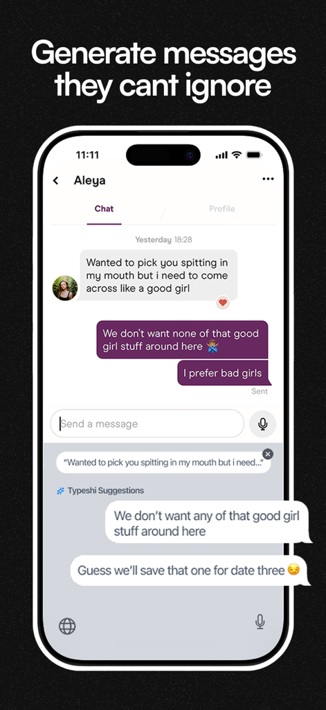 A smartphone showing the Typeshi AI keyboard providing suggested replies within a dating app chat interface.