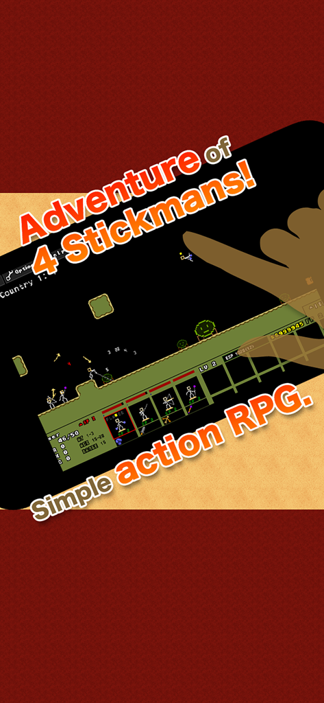 Stick Ranger gameplay screenshot featuring four stickman characters in a minimalist 2D action RPG environment.