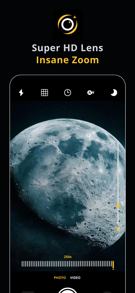 Pro Zoom 250x - Tele Camera HD - Interfaz de smartphone de la aplicación Pro Zoom 250x mostrando un zoom HD extremo de la superficie de la luna