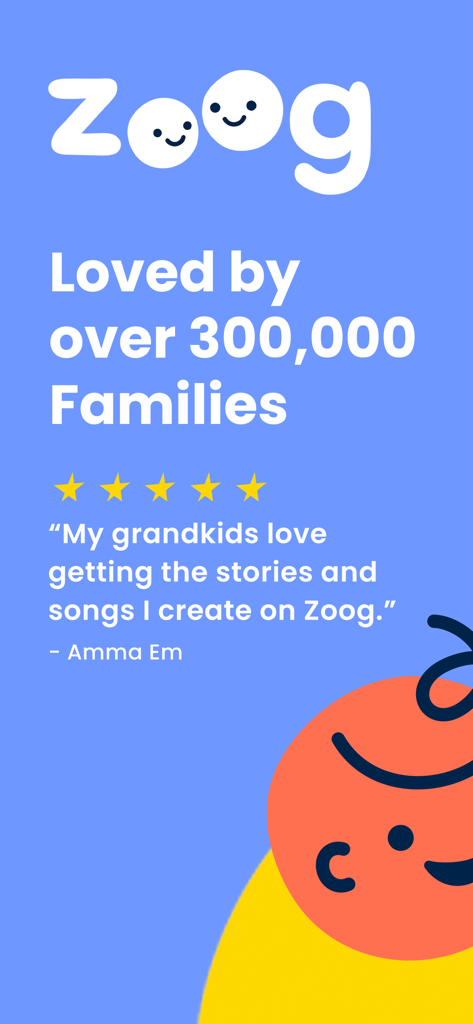 Zoog app promotional graphic featuring a five star review from a grandmother and a milestone of over 300,000 families.
