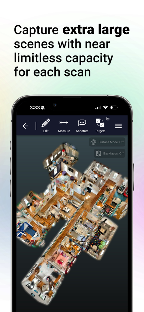 Dot3D - LiDAR 3D Scanning - Visão de cima de um escaneamento 3D complexo de vários cômodos em uma tela de iPhone.