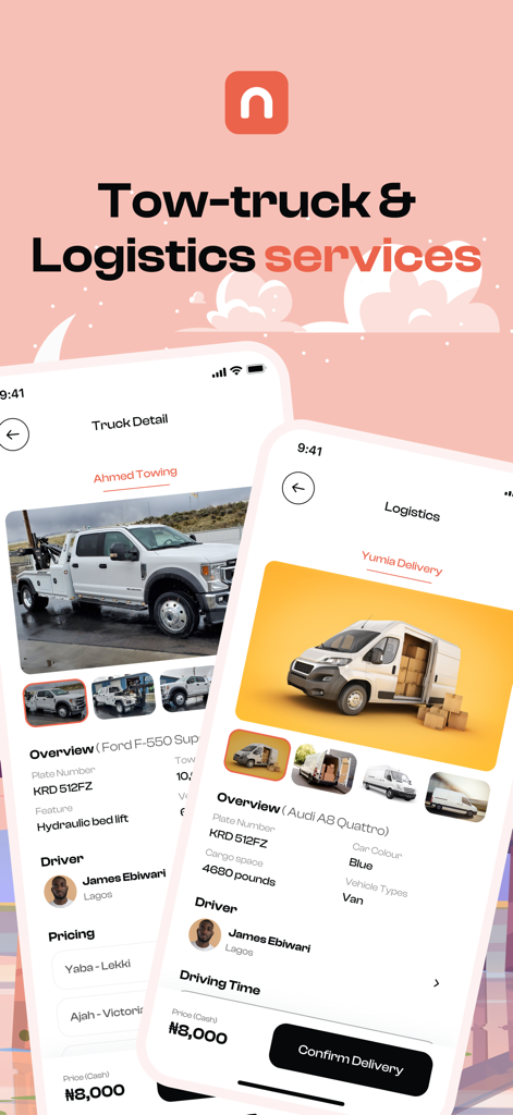 NidiDrive - NidiDrive App-Bildschirme mit Optionen für Abschleppwagen und Logistiklieferungen für Fahrzeughilfe und Warentransport