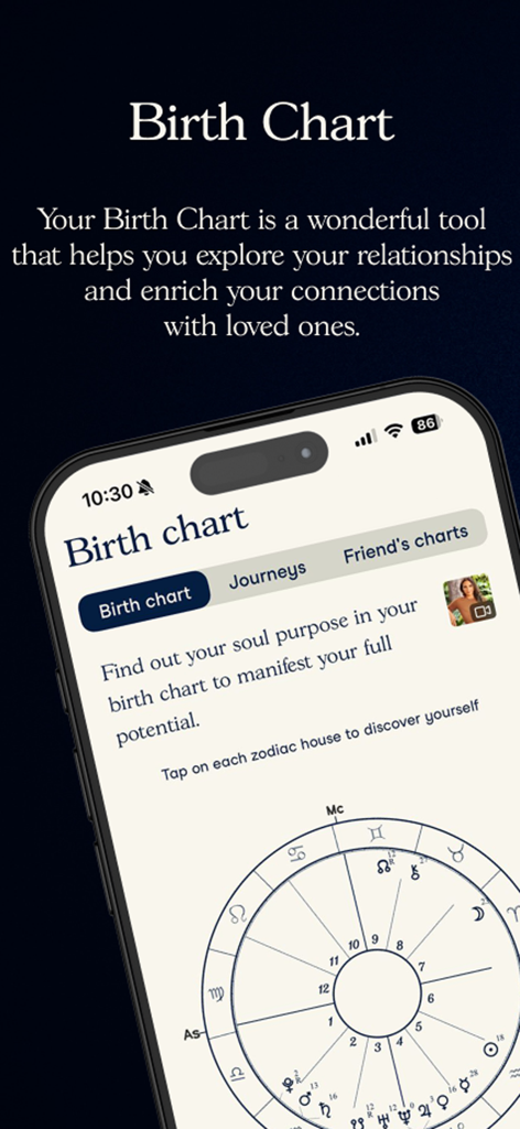 A mobile phone screen displaying the Soulloop app's birth chart feature with a detailed circular astrological wheel.