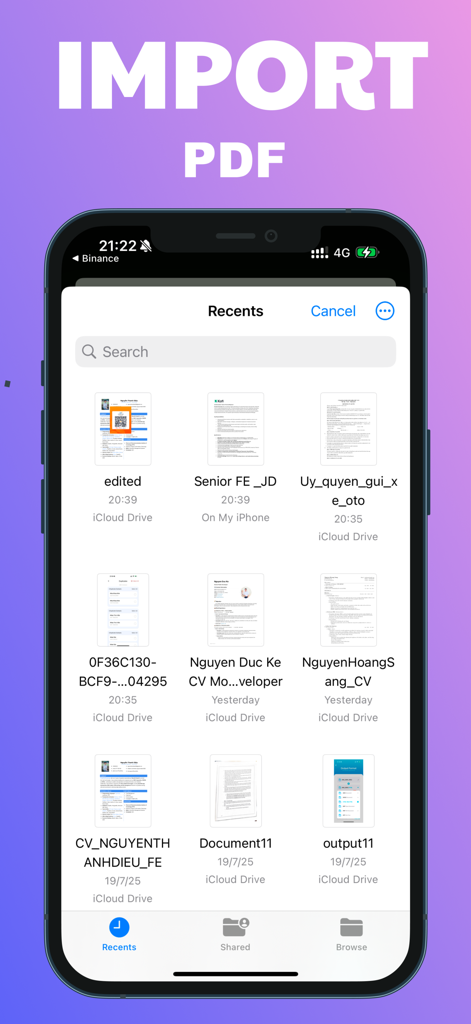 PDF Editor - Edit, Sign, Read - iCloud Driveからインポートする最近のPDFドキュメントのリストを示すiPhoneインターフェイス。