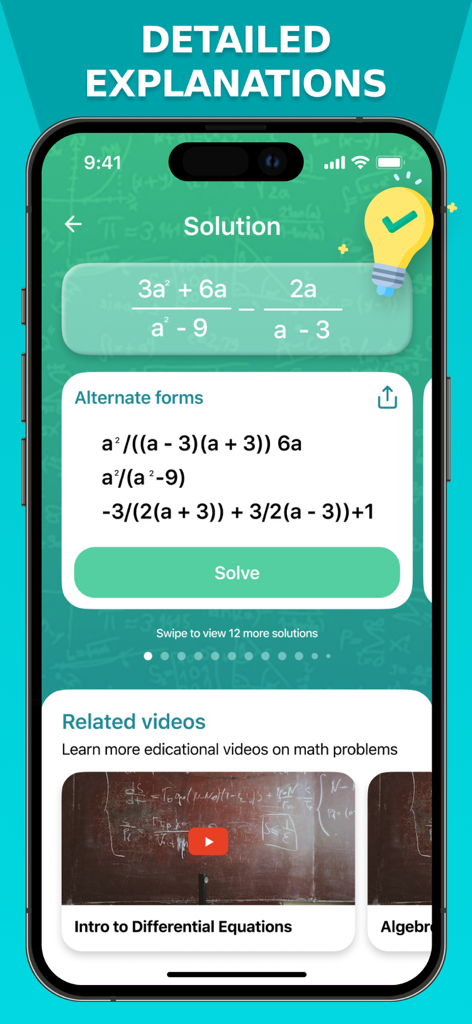 Math Solver app showing a step by step algebra solution with alternate forms and related educational videos.