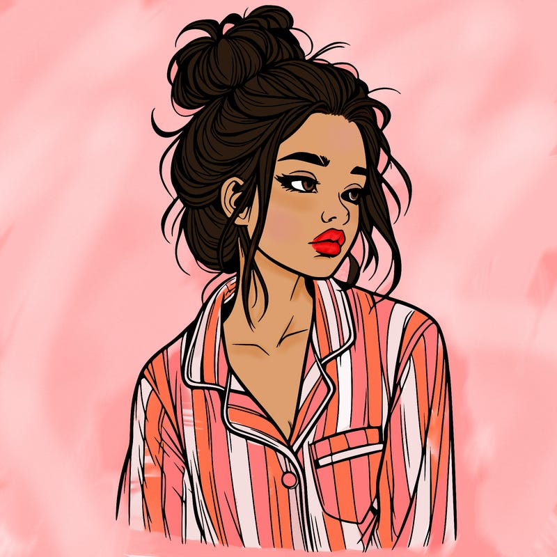 realistic woman with pajamas on and a messy bun