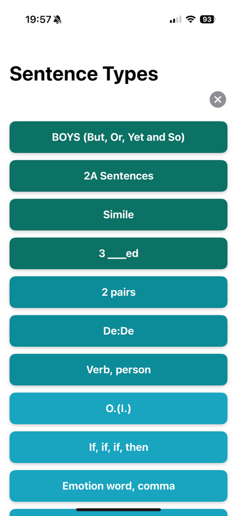 Alan Peat's Exciting Sentences - A list of creative sentence types within the Alan Peat app designed for literacy instruction.