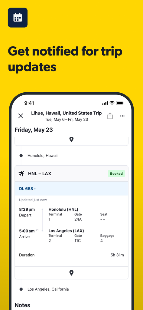 A mobile app interface displaying real-time trip updates and flight itinerary details for a booked flight from Honolulu to Los Angeles.