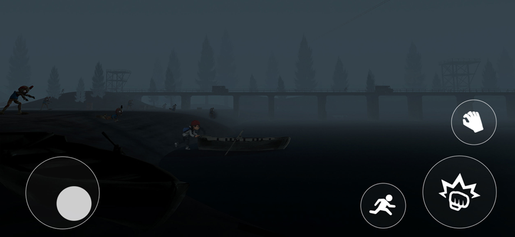 A boy character stands by a wooden boat on a dark foggy riverbank with eerie figures in the distance of an atmospheric puzzle game.