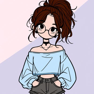 girl with a messy ponytail glasses a baggy crop top and jean shorts