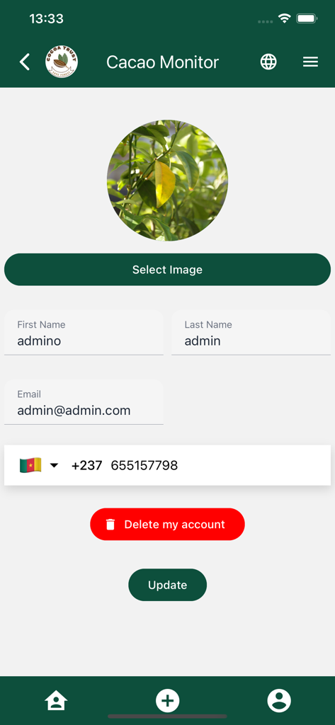 Cocoa Monitor - Página de perfil de usuario y configuración de cuenta en la aplicación Cocoa Monitor mostrando campos de nombre, correo electrónico y número de teléfono.