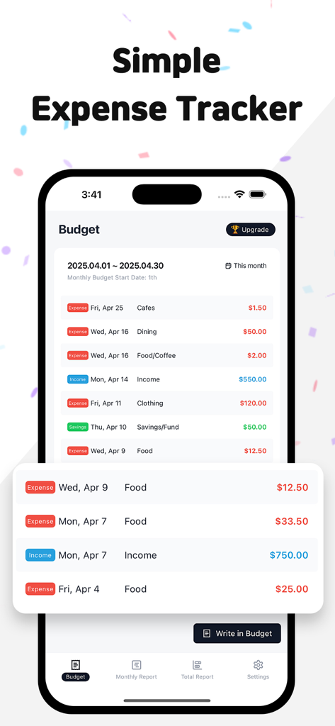 MoneyLog: Budget & Expense - Una interfaz de aplicación móvil minimalista para rastrear el presupuesto y los gastos diarios
