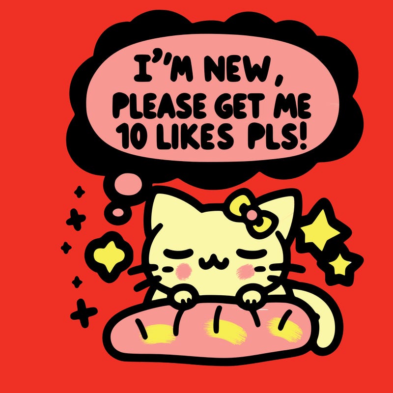 kitty taking a nap dream talking and saying "i'm new, please get me at least 10 likes pls!!"