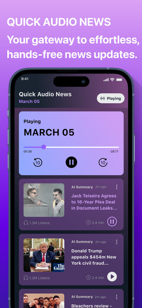 NewsCvg: World News Coverage - 미디어 플레이어와 핸즈프리 청취를 위한 AI 요약 뉴스 기사가 있는 빠른 오디오 뉴스 기능을 표시하는 NewsCvg 모바일 앱 화면