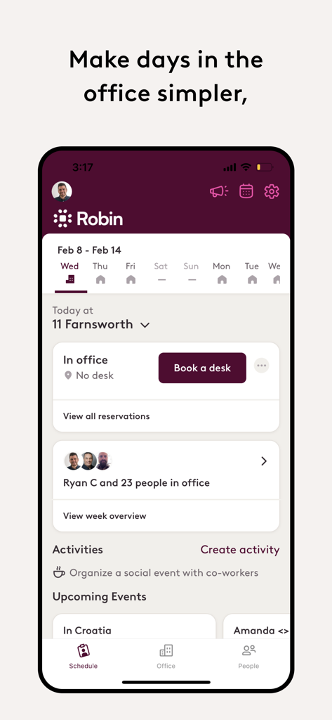 Robin mobile app dashboard showing office schedule and a button to book a desk.