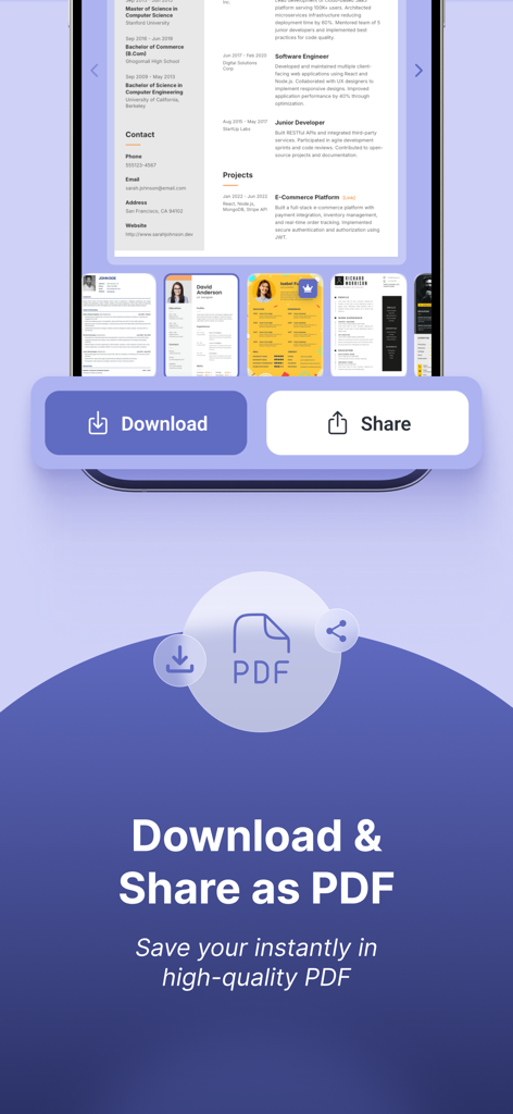 Mobile App-Bildschirm von VibeCV, der Optionen zum Herunterladen und Teilen eines professionellen Lebenslaufs als hochwertiges PDF-Datei anzeigt