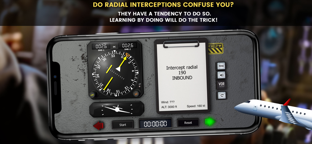 VOR Tracker - IFR Nav Trainer - VOR Tracker app interface showing a radial interception exercise on a flight instrument for pilot training