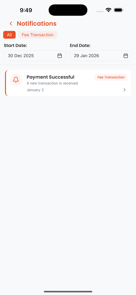A mobile screen showing a successful fee payment notification with date filters in the Students Portal app