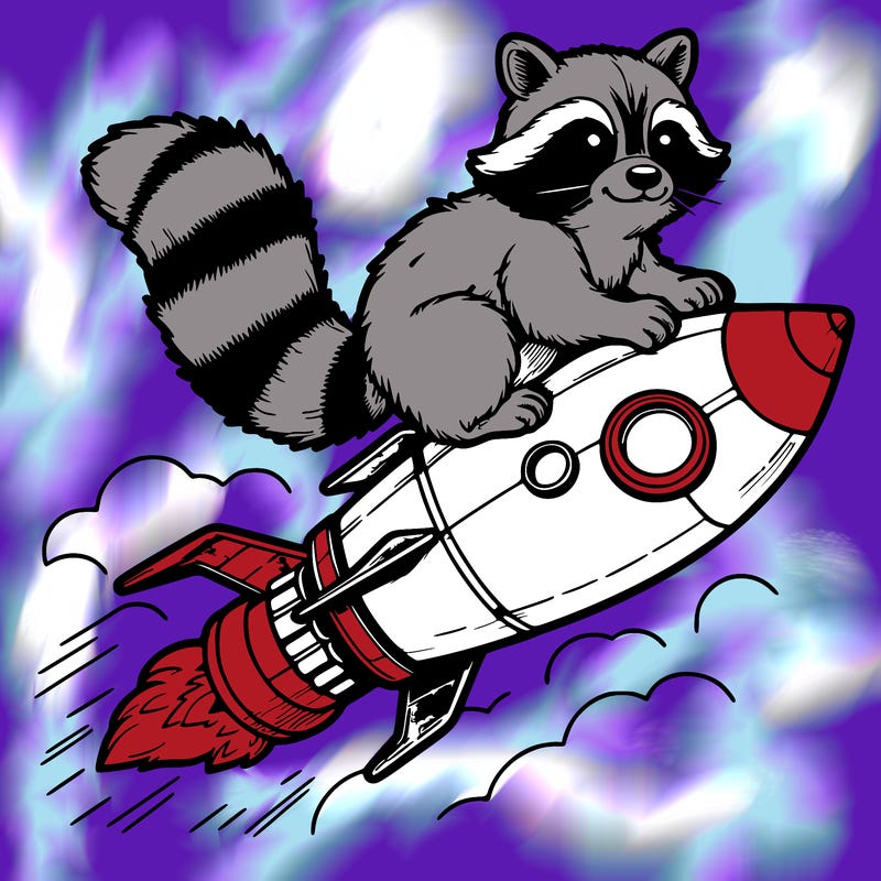 realistic raccoon flying on top rocket ship