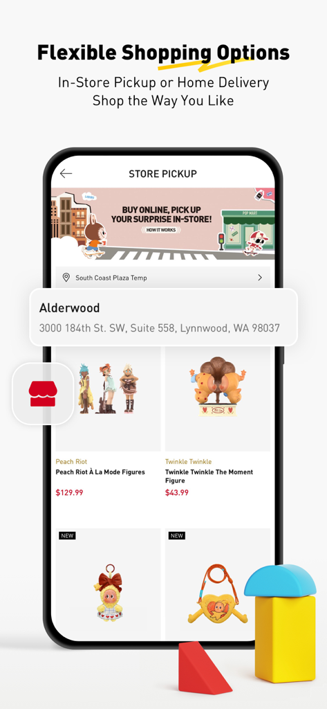 POP MART Americas app screen showing flexible shopping options for in-store pickup and collectible toy listings