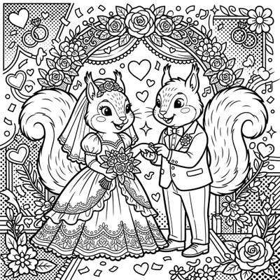 Join two adorable squirrels as they tie the knot in this vibrant Pop Art style coloring page. With bold lines and halftone patterns, it's a unique celebration perfect for creative colorists.