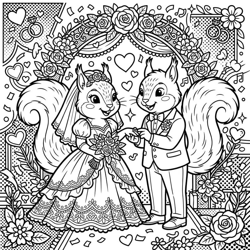 Join two adorable squirrels as they tie the knot in this vibrant Pop Art style coloring page. With bold lines and halftone patterns, it's a unique celebration perfect for creative colorists.