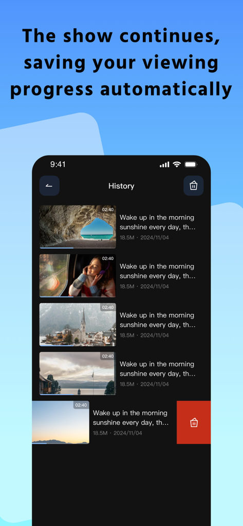 CineStream app history screen displaying video thumbnails and automated progress tracking