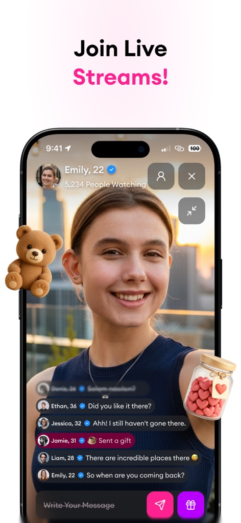 Schermata dello smartphone che mostra uno streaming video dal vivo con chat e regali virtuali sull'app Amore