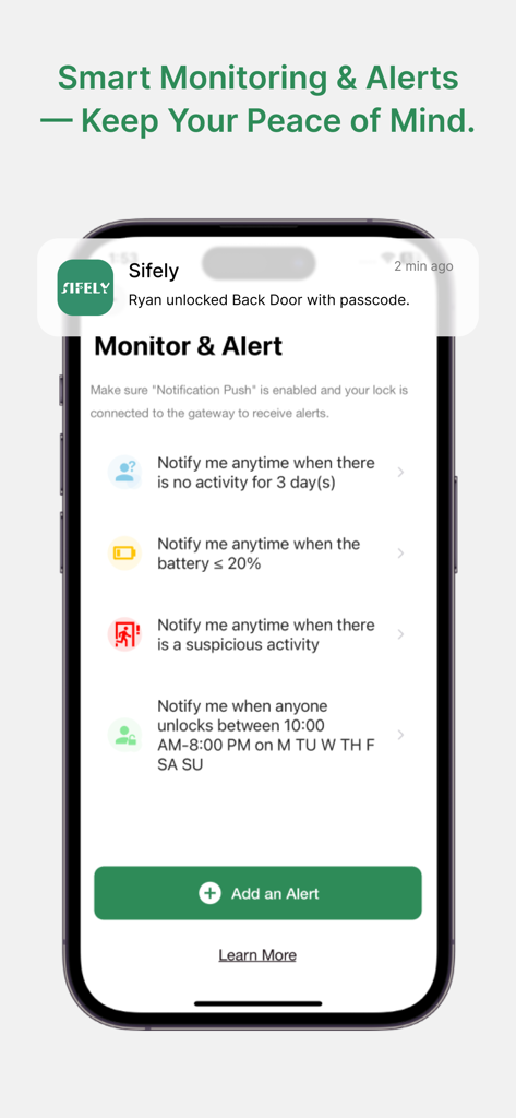 Sifely Smart Lock - Interfaz de la aplicación Sifely Smart Lock para configurar alertas de actividad personalizadas y notificaciones push para el acceso a la puerta