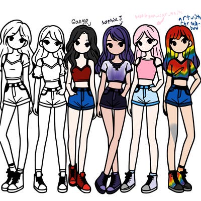 a group of girls wearing crop tops and shorts
