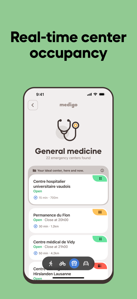 Medigo Emergencies - Interface of the Medigo app showing a list of medical centers with real-time occupancy levels and travel times.