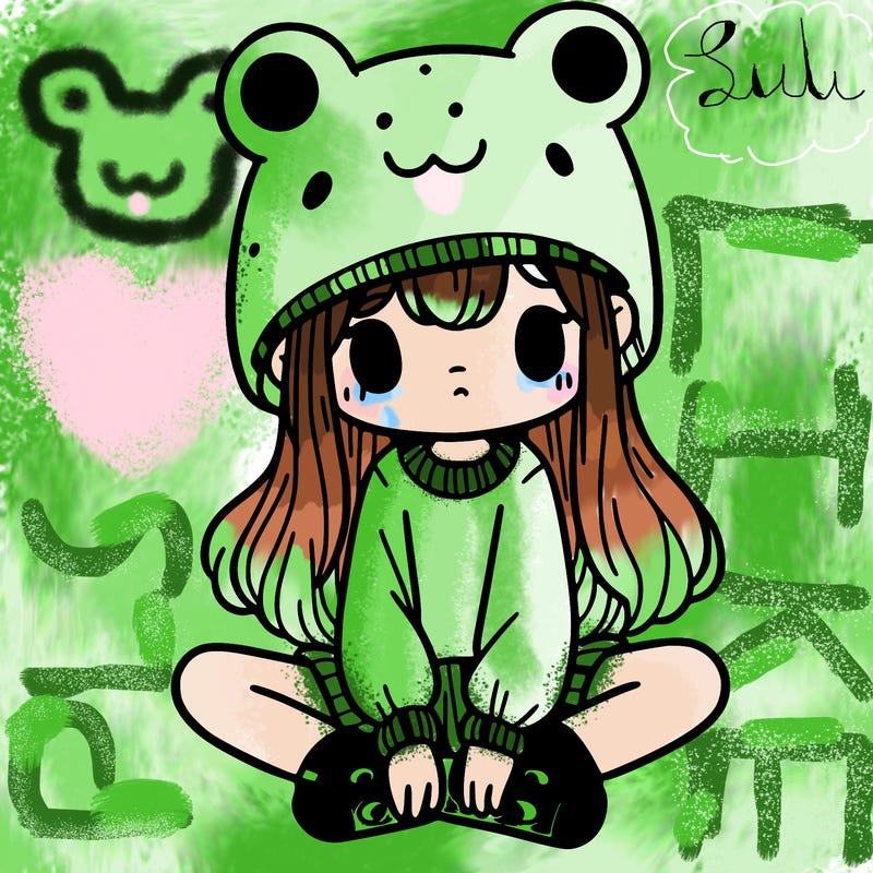 a girl wearing a frog hat and some frog socks