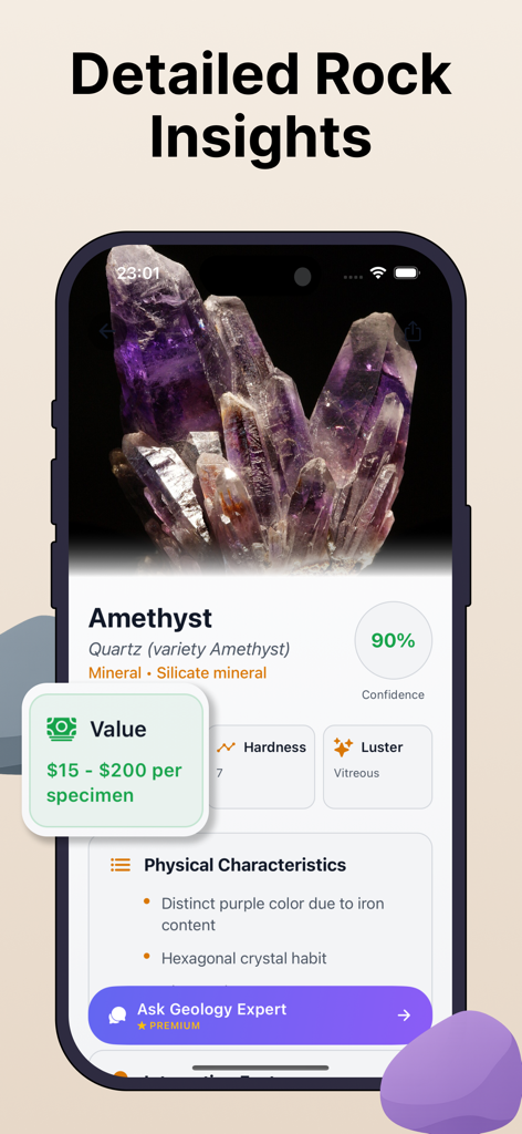 Rock Identifier: GeoLens - A mobile app screen displaying detailed scientific information and value estimates for an identified amethyst crystal.