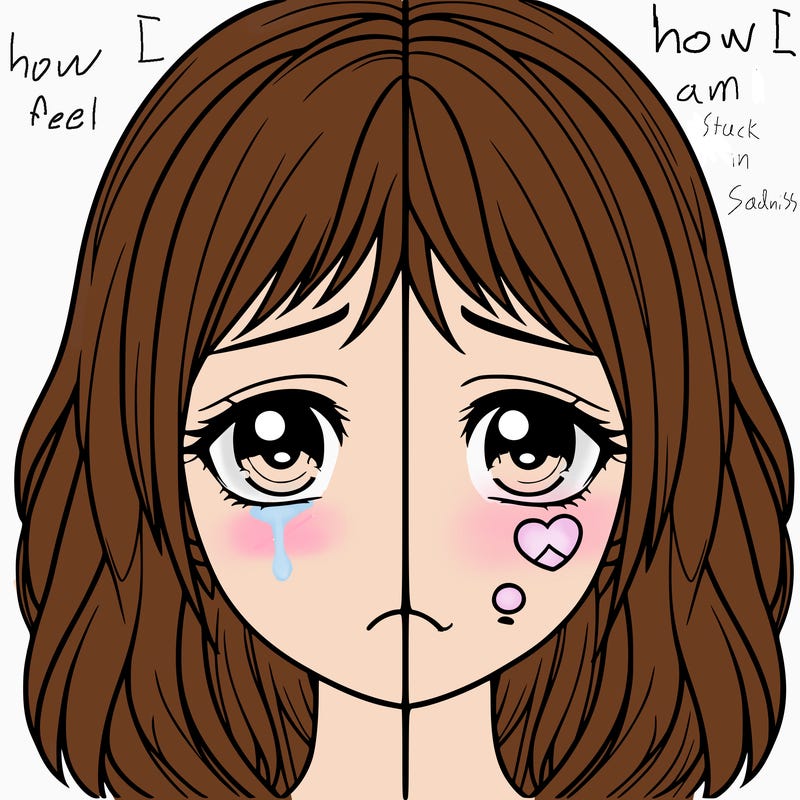 realistic girl with two sides one sad one happy