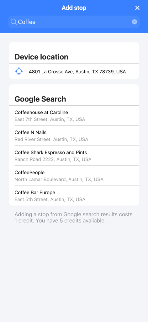 Interface of Route Finder app showing a search for coffee shops in Austin Texas to add a stop