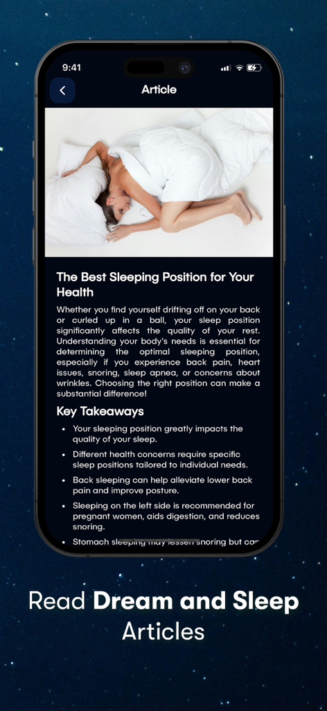 A mobile app screen displaying an article about the best sleeping positions for health with key takeaways.
