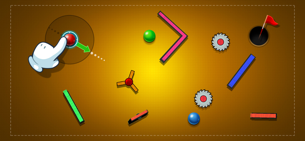 Mind Games for 2 3 4 Player - A hand aiming a red ball towards a hole with obstacles in the Mind Golf mini game.